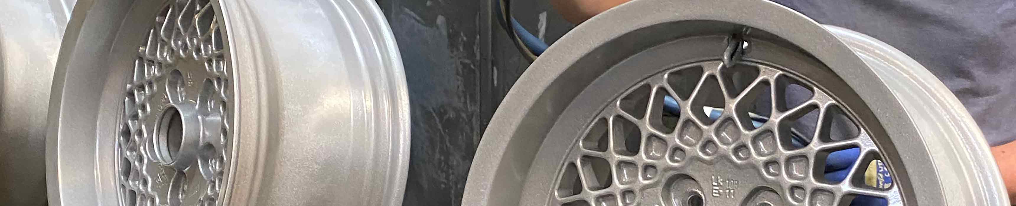 Wheel alloys being powder coated in Silver colour
